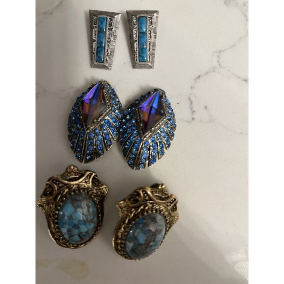 Vintage Lot 3 Pairs Statement Earrings Clip Thelma Deutsch, 2 Turquoise - Picture 1 of 2